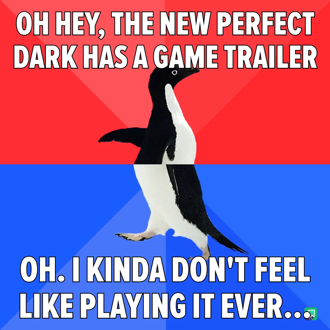 A penguin stands centered against a red and blue background, with bold white text at the top reading 'OH HEY, THE NEW…