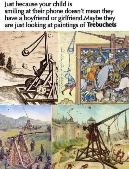 The image is a collage of four historical illustrations depicting medieval trebuchets in various battle scenes. Overlaid…