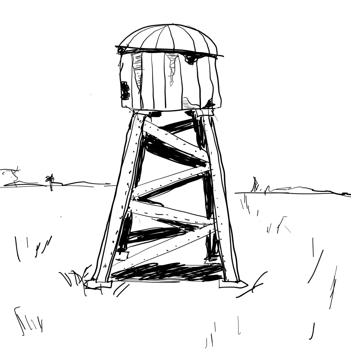 A black-and-white sketch depicts a rustic, wooden water tower standing in a barren field with sparse grass and distant…
