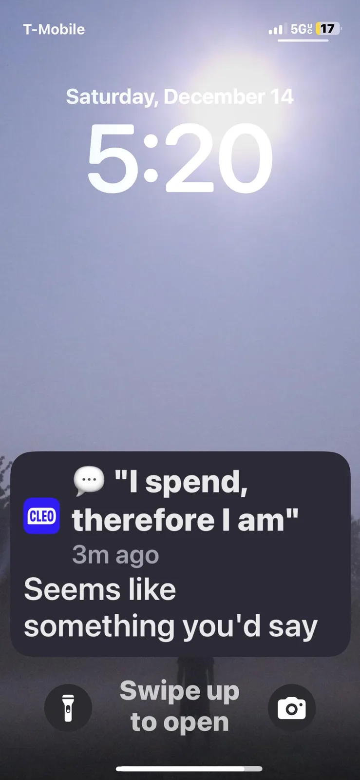 An iPhone lock screen shows a notification from the app 'CLEO' that reads 'I spend, therefore I am' with a reply below…