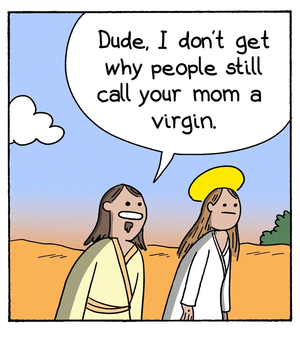 Two cartoon figures resembling Jesus and Mary walk side by side in a desert landscape under a blue sky with a cloud. The…