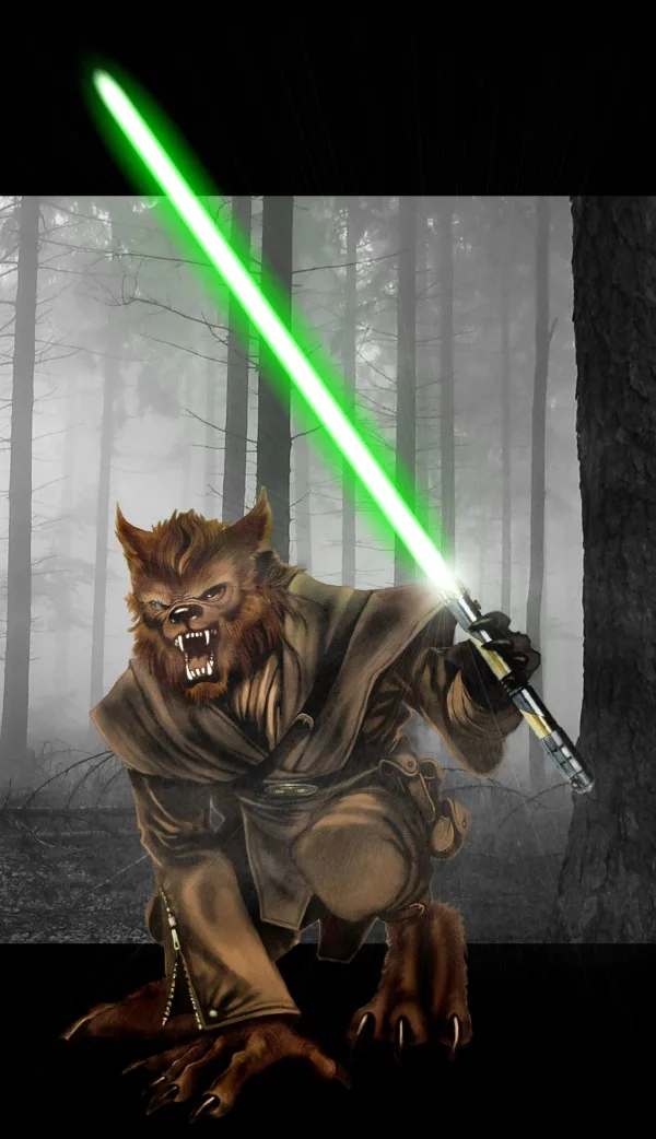 A menacing werewolf in Jedi robes crouches in a misty forest, wielding a glowing green lightsaber. The text overlaid on the…