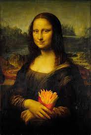 The Mona Lisa painting is altered to show her holding a bag of french fries instead of her traditional pose. The overlaid…