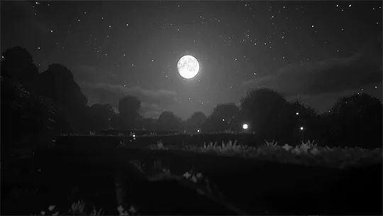 A black-and-white animated night scene with a full moon, stars, and silhouetted trees. A small glowing orb floats in the…