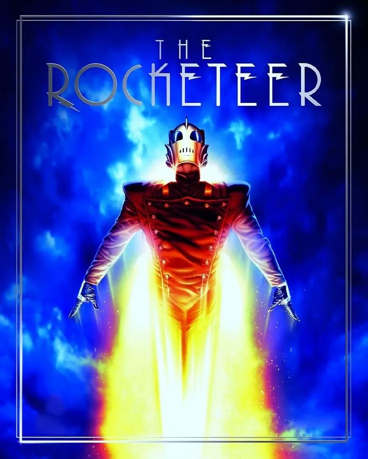 A movie poster for 'The Rocketeer' shows a man in a red flight suit and silver helmet standing with arms outstretched…