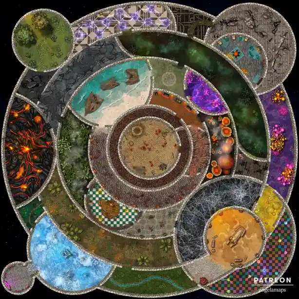 A top-down fantasy dungeon map shaped like a bear, divided into many circular rooms with diverse environments including…