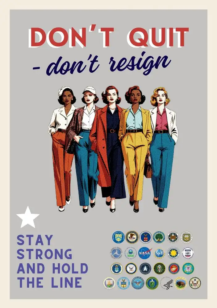 A vintage-style motivational poster features five confident women in 1940s fashion walking forward. The text reads 'DON'T…