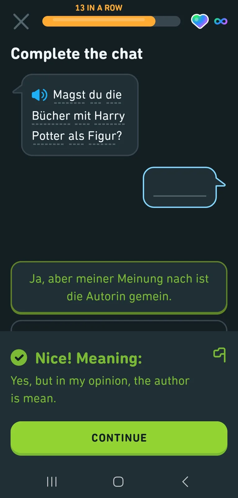 A language learning app screen shows a chat completion task where the user answered 'Ja, aber meiner Meinung nach ist die…