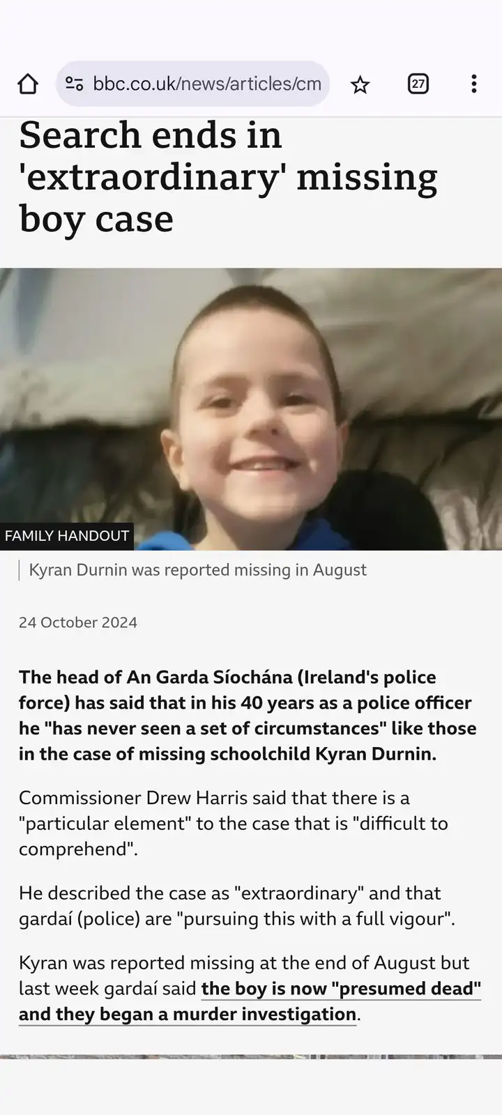 A screenshot of a BBC news article about the missing Irish boy Kyran Durnin, showing his smiling photo and text stating he…