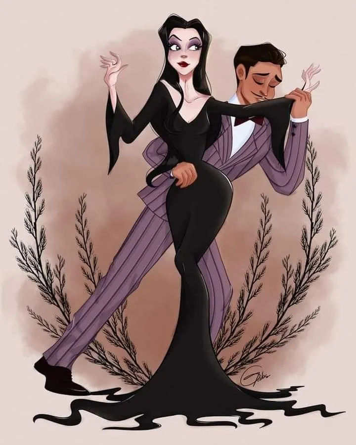 An illustration of a woman in a long black dress and a man in a purple suit dancing together, with the woman's dress…