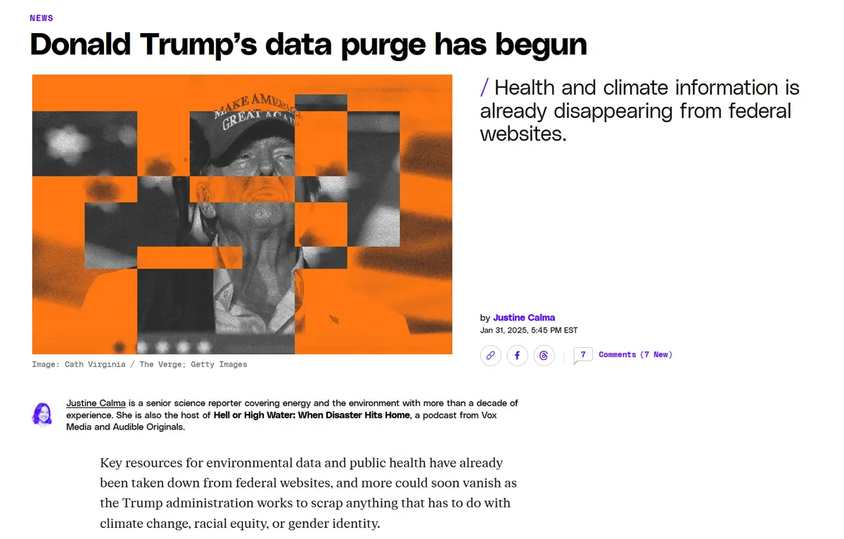 The image shows a news article headline about Donald Trump's data purge, featuring a black-and-white photo of Trump wearing…
