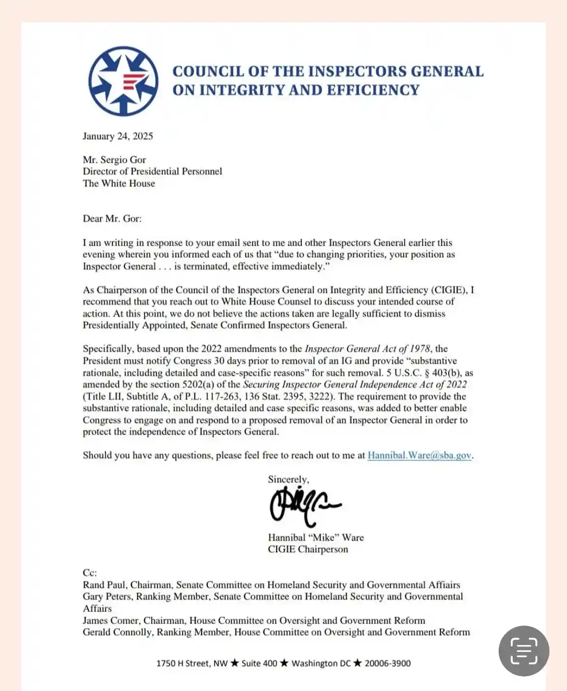 A formal letter from the Council of the Inspectors General on Integrity and Efficiency dated January 24, 2025, addressed to…
