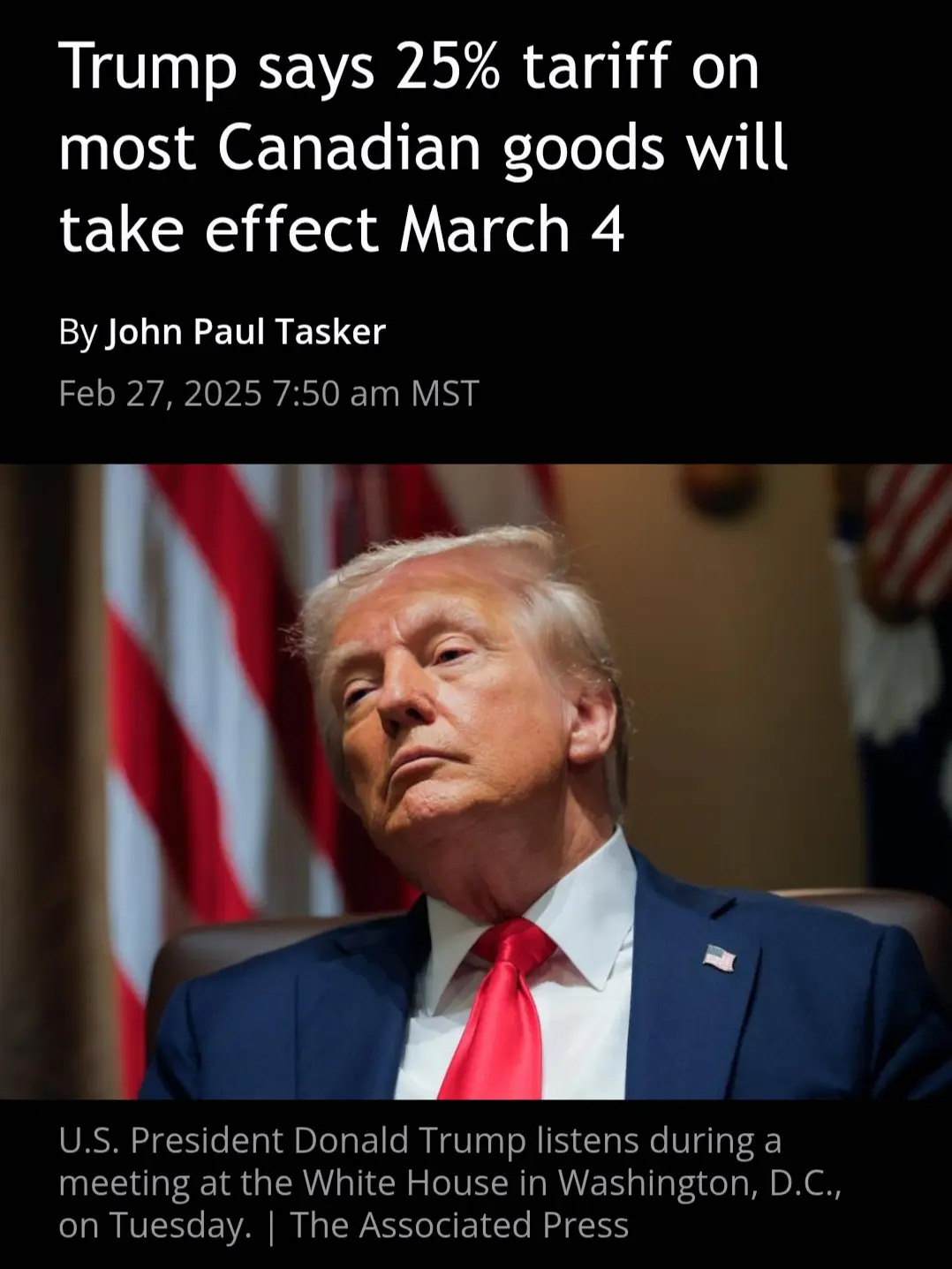 The image shows Donald Trump looking upward with a weary expression, wearing a blue suit and red tie, seated in front of…