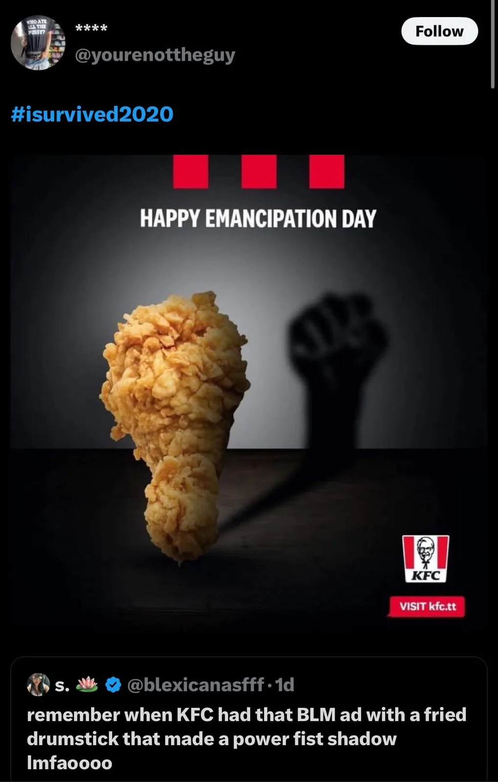 A KFC advertisement featuring a fried chicken drumstick casting a shadow of a raised power fist, with the text 'HAPPY…