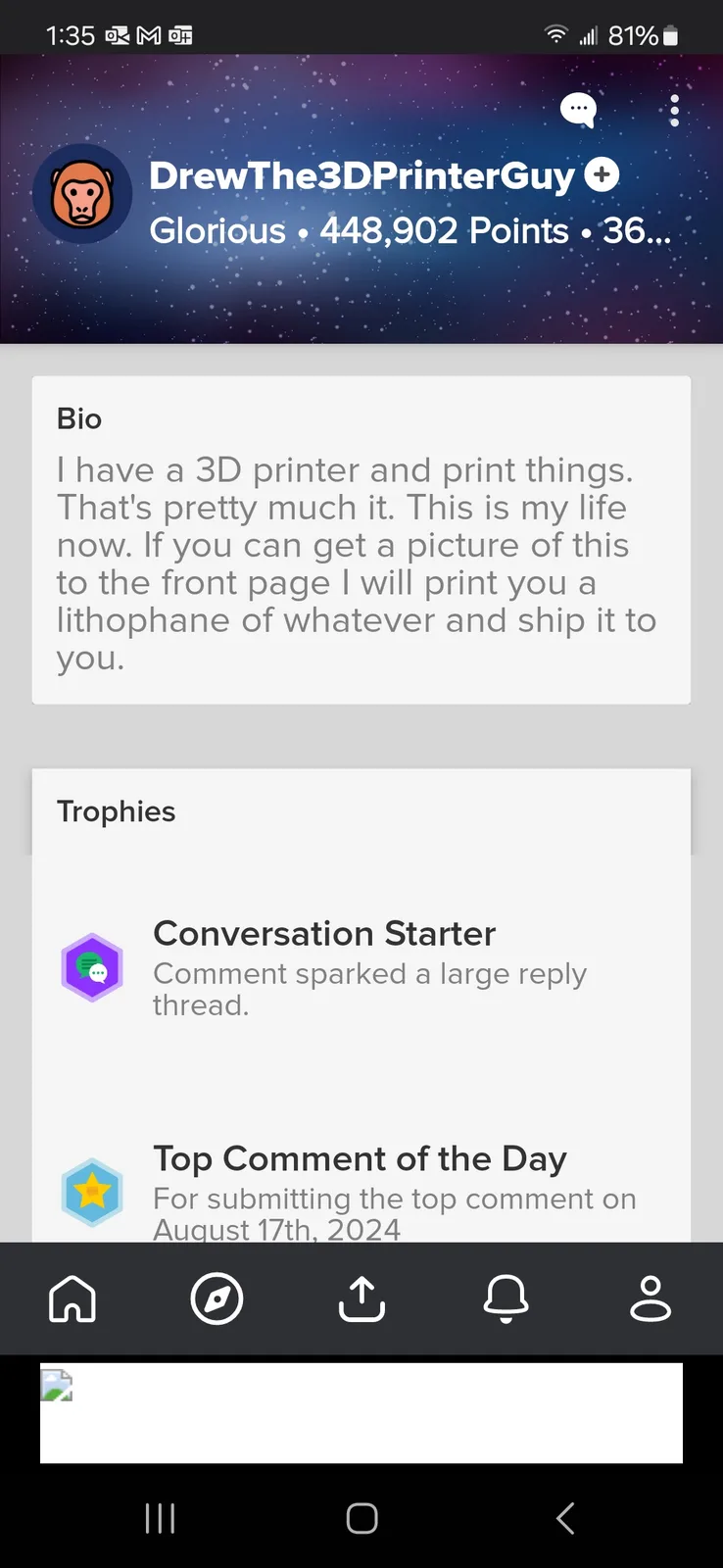 A screenshot of a Reddit user profile for 'DrewThe3DPrinterGuy' showing a bio that reads 'I have a 3D printer and print…