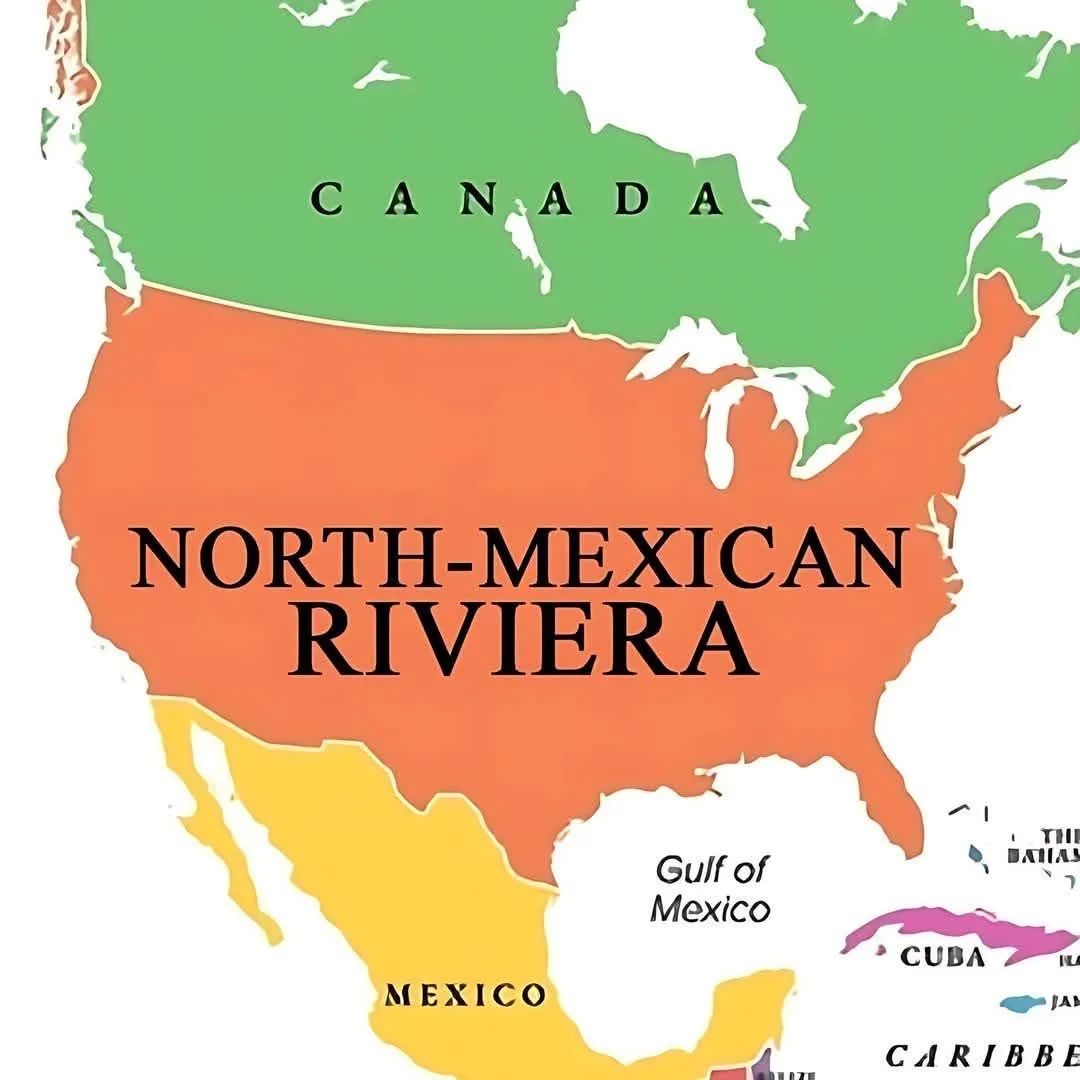 A map of North America with Canada colored green, the United States colored orange and labeled 'NORTH-MEXICAN RIVIERA'…