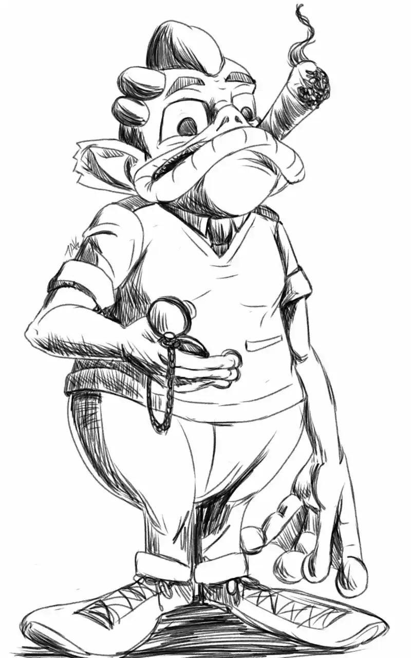 A black-and-white sketch of a cartoonish, anthropomorphic character with a large head and exaggerated features, wearing a…