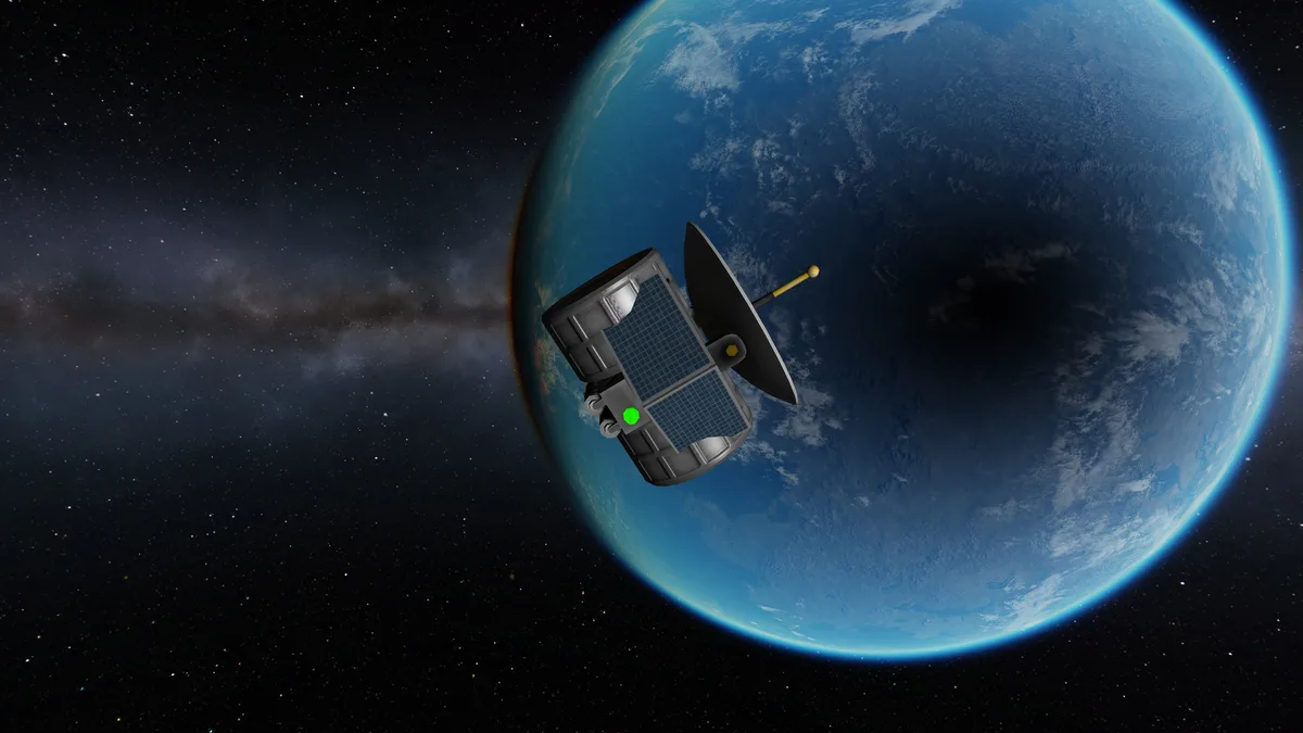 A satellite with solar panels and a dish antenna orbits Earth against a starry background with the Milky Way visible. A…