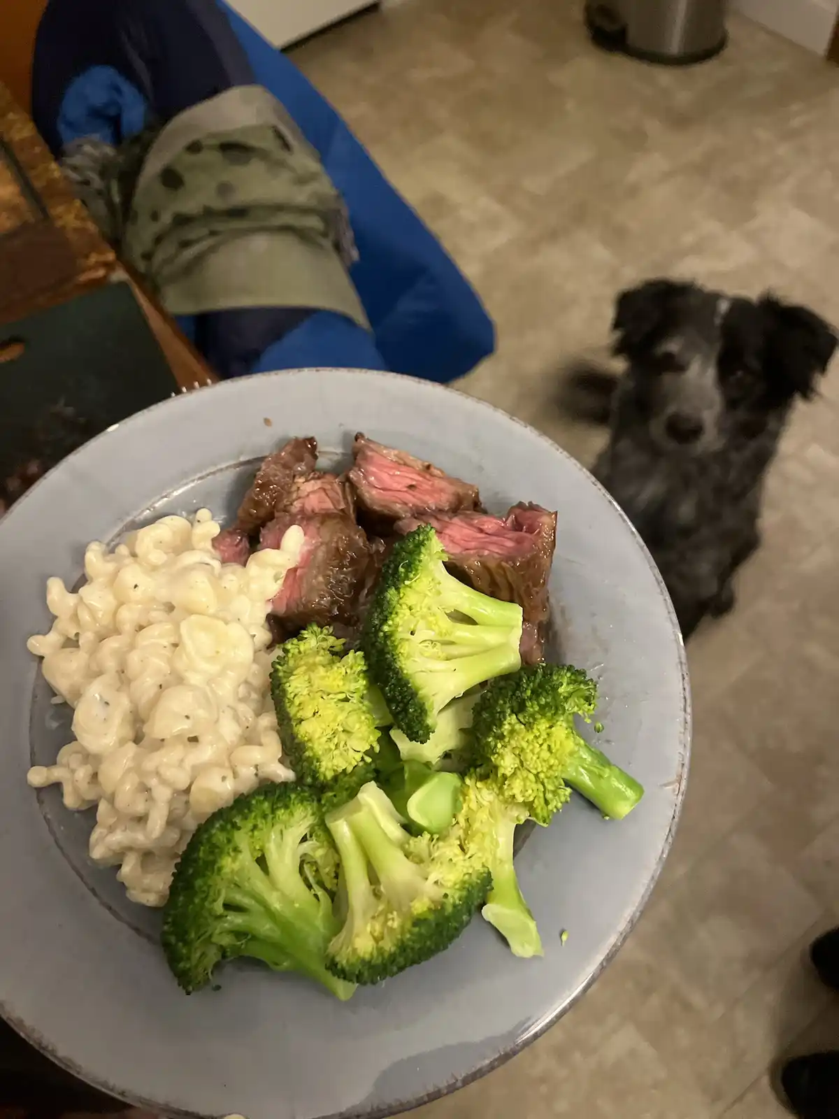 A plate of food with sliced steak, macaroni and cheese, and broccoli is in the foreground. In the background, a black and…