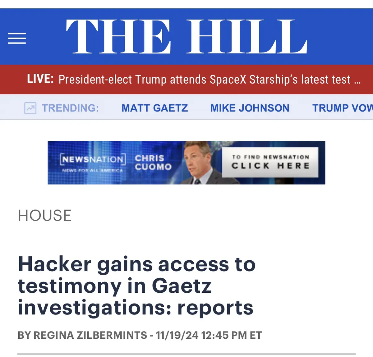 A screenshot of The Hill news website shows a headline about a hacker gaining access to testimony in Gaetz investigations…
