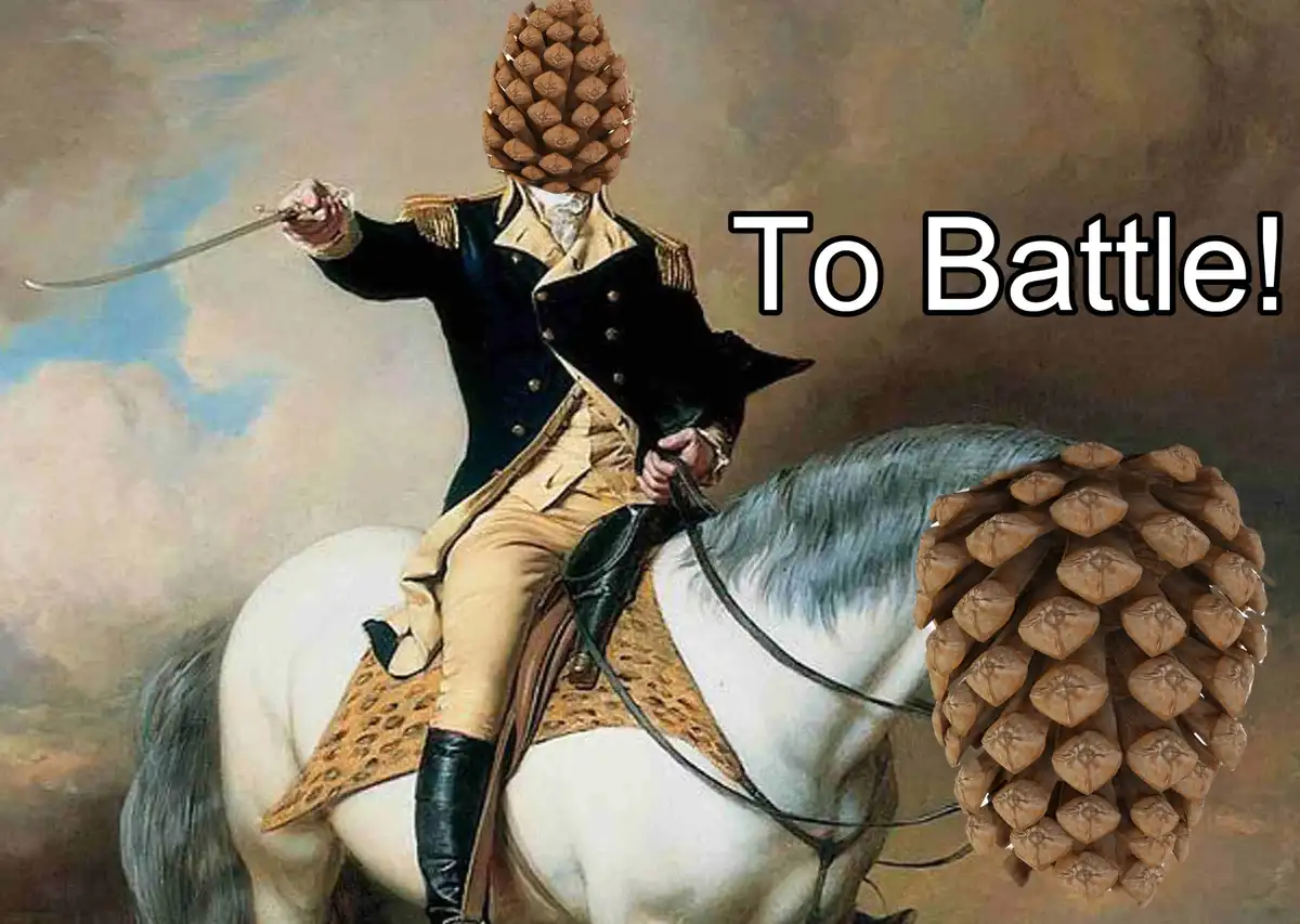 A classical painting of a man in historical military uniform riding a white horse is edited to have a large pinecone for a…