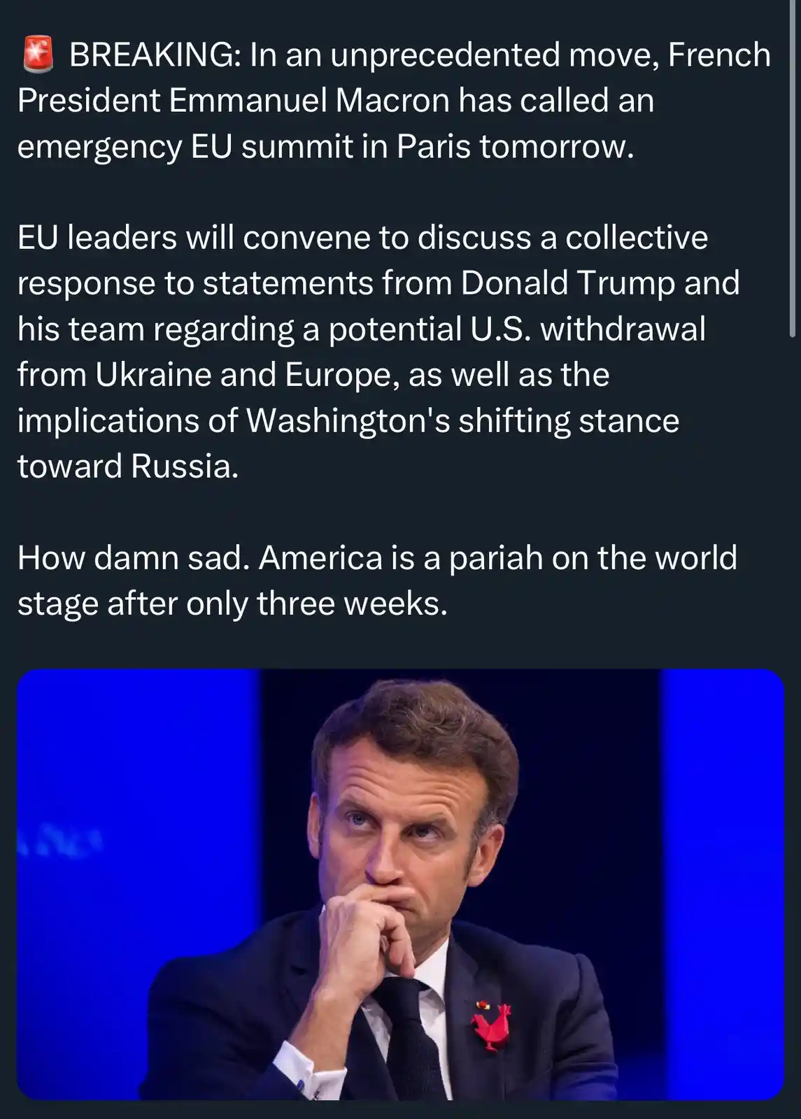 The image shows French President Emmanuel Macron looking concerned, with his hand on his chin, against a blue background…
