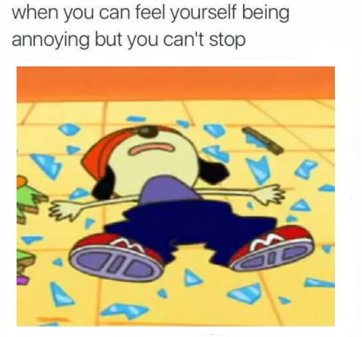 An animated character with a red bandana and purple shirt lies sprawled on a tiled floor surrounded by blue glass shards…