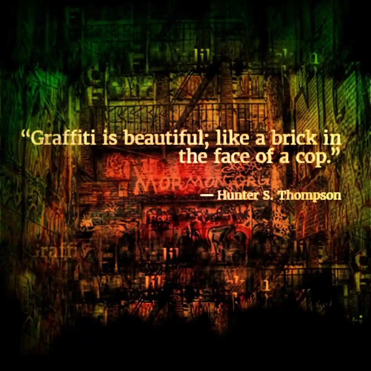 The image displays a dark, gritty urban scene with brick walls covered in layered graffiti and fire escapes, bathed in green…