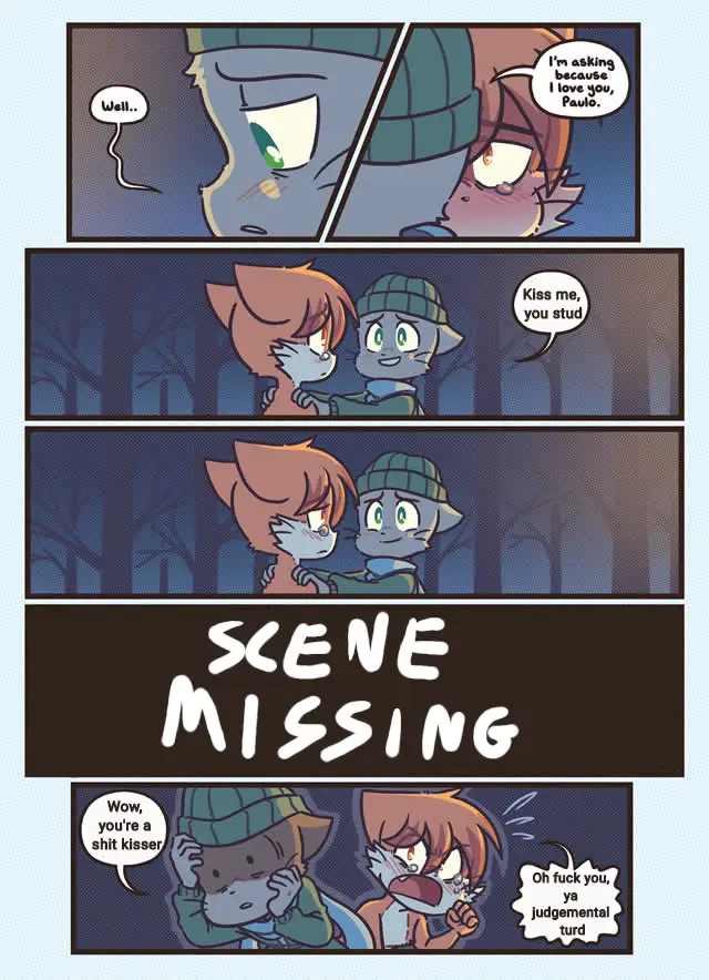 A four-panel comic strip featuring two anthropomorphic cat characters in a dark forest. The first panel shows one character…