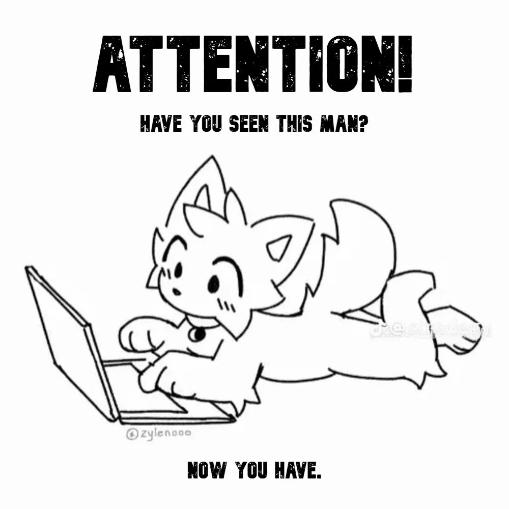 A black-and-white line drawing shows a cartoon fox-like creature with spiky hair and a bushy tail lying on its stomach…