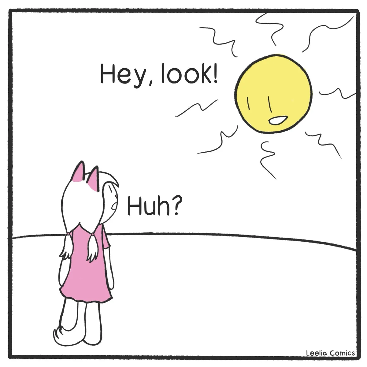 A cartoon girl with cat ears and a pink dress looks up at a smiling yellow sun with wavy rays. The sun says 'Hey, look!' and…