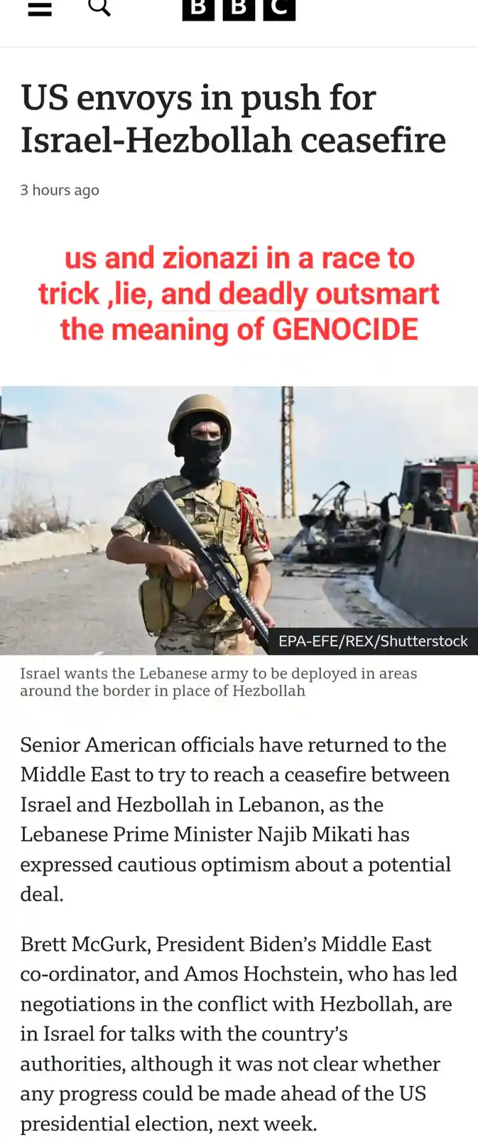 A screenshot of a BBC news article about US envoys pushing for a ceasefire between Israel and Hezbollah. The article's…