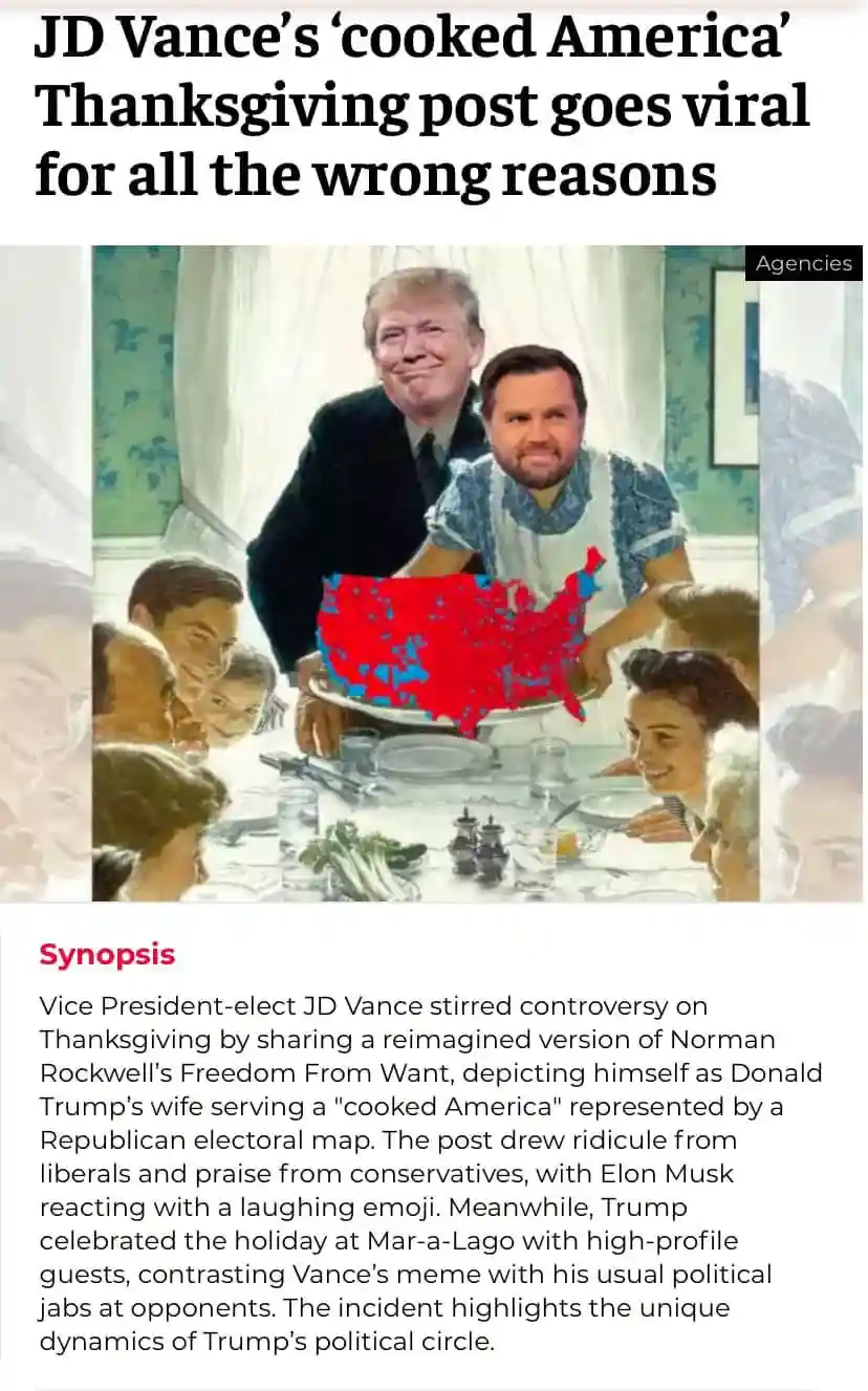 The image shows a digitally altered version of Norman Rockwell's 'Freedom From Want' painting, where JD Vance is depicted…