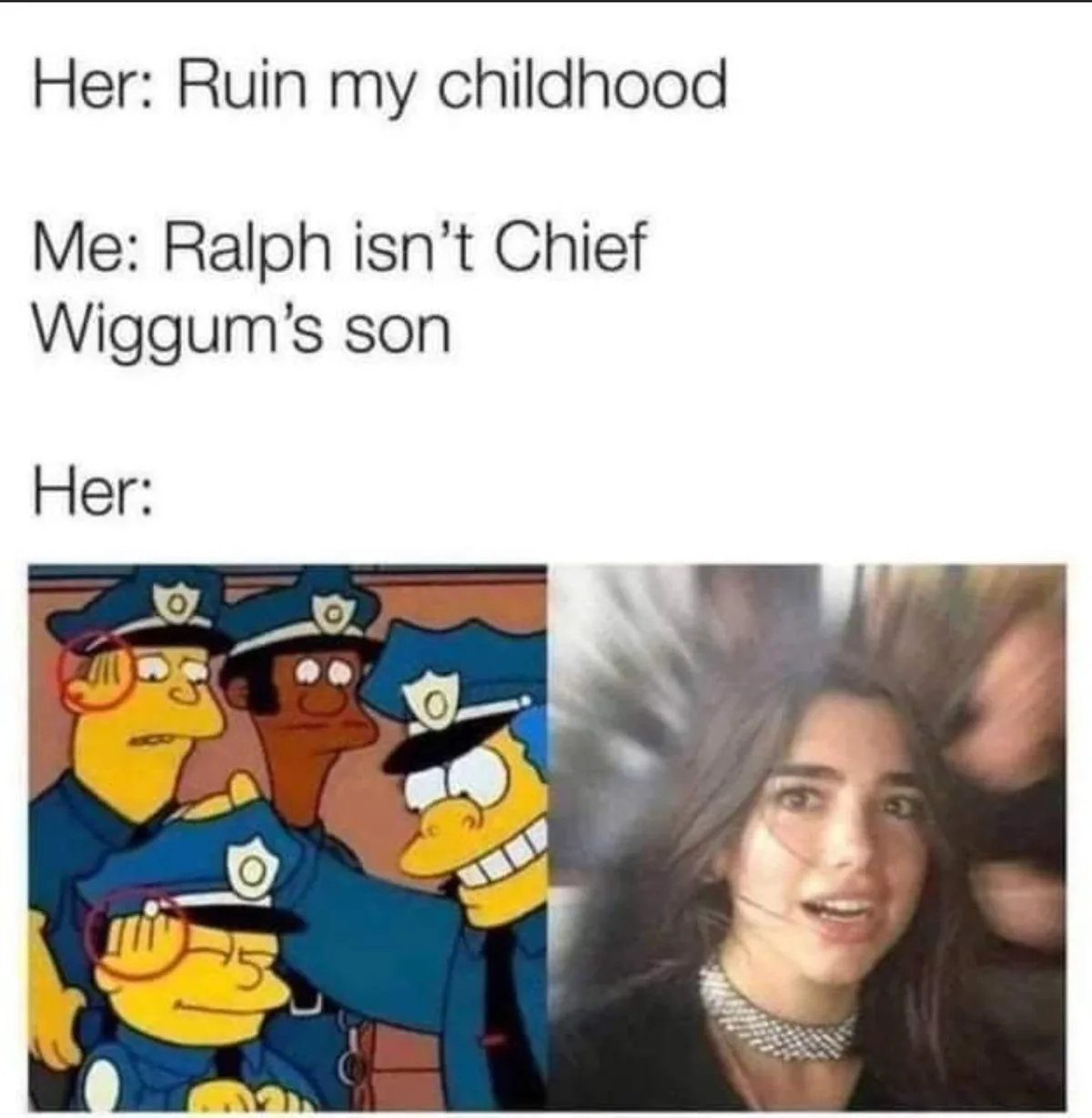 The image displays a split-screen meme. The left side shows four cartoon police officers from The Simpsons, with two of them…