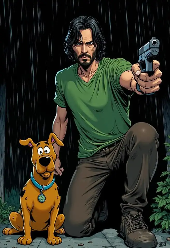 A digitally rendered image shows the cartoon dog Scooby Doo sitting beside a man with long dark hair and a beard, dressed in…