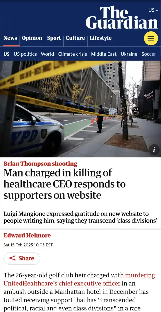 A screenshot of The Guardian's news article about Luigi Mangione, the man charged with killing Brian Thompson, the CEO of…
