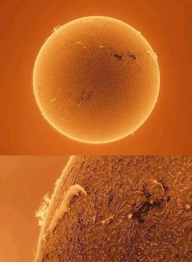 The image displays two views of the sun: a full view showing its glowing orange surface with dark sunspots, and a close-up…