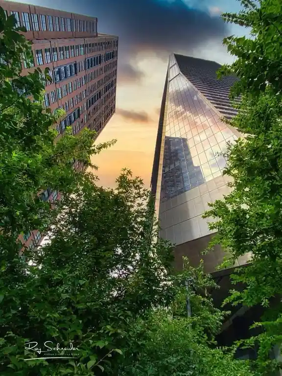 A low-angle photo shows two modern buildings framed by green trees, one with a reflective glass facade mirroring the sky…