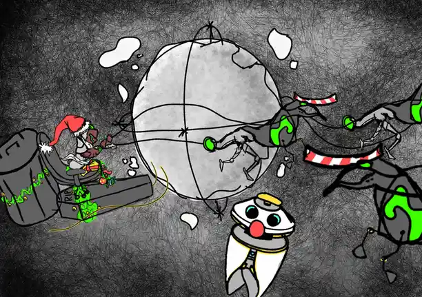 A cartoonish, darkly humorous scene depicts a Santa-like figure in a sleigh with 'RIP' on the side, pulling a large, cracked…
