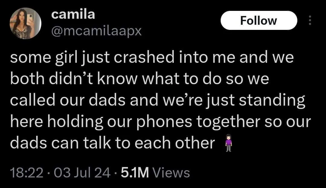A screenshot of a tweet from user 'camila' (@mcamilaapx) showing a humorous anecdote about two people who collided and…