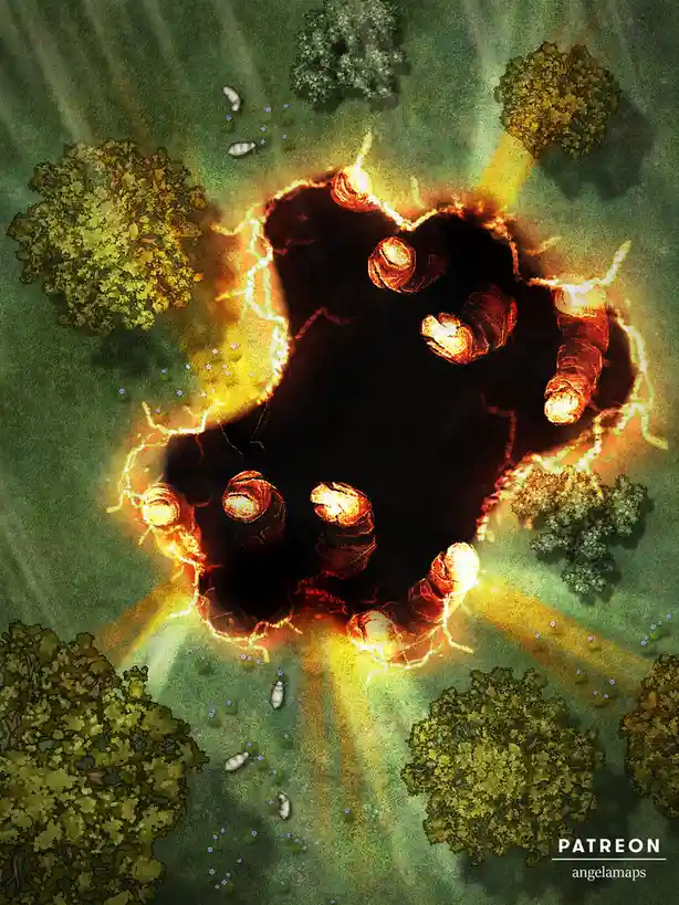 An overhead fantasy map view shows a large, dark, jagged hole in a green grassy field surrounded by trees and sheep, with…