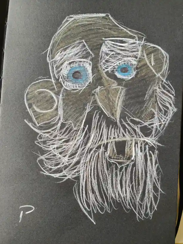 A chalk drawing on dark paper depicts a monkey with large blue eyes, a prominent beard, and a wide-open mouth showing teeth…