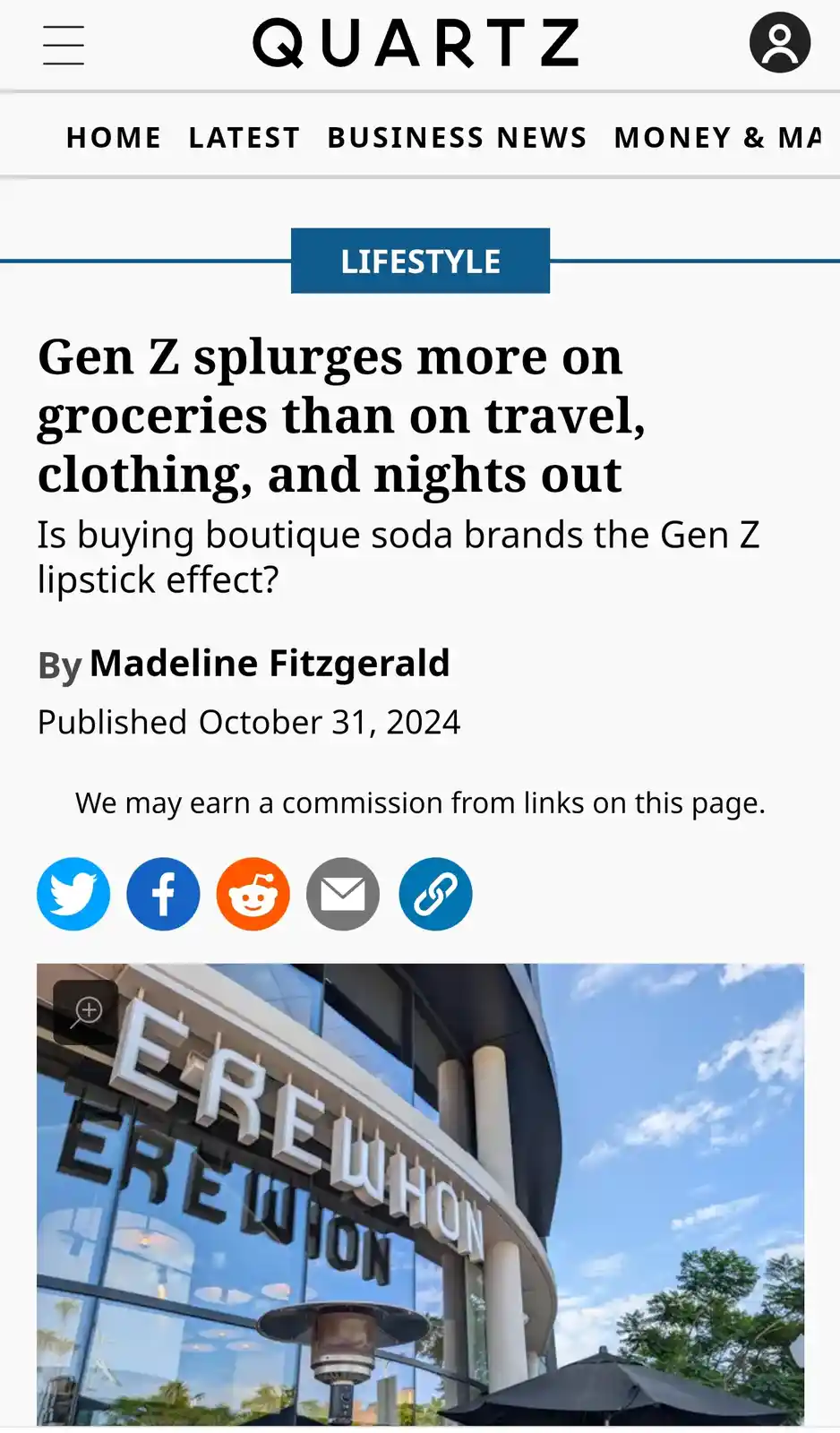 A screenshot of a Quartz article titled 'Gen Z splurges more on groceries than on travel, clothing, and nights out' features…