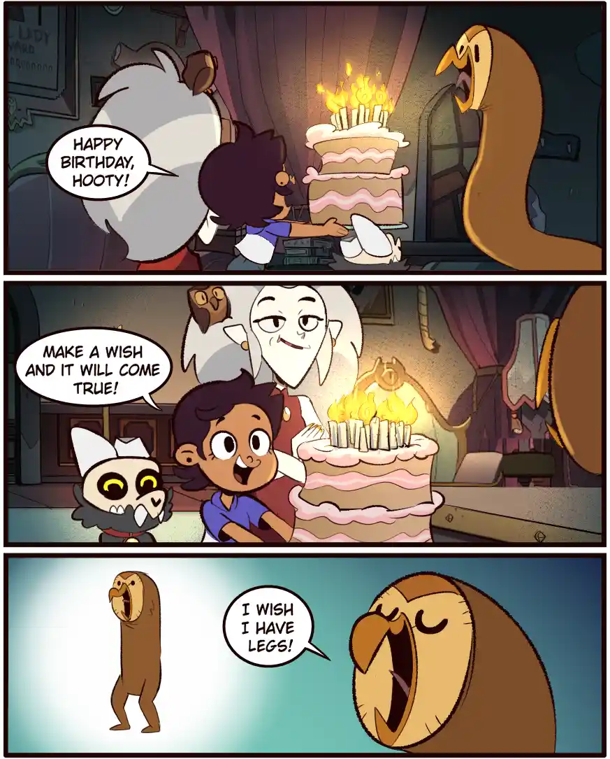 A three-panel comic strip from 'The Owl House' shows a birthday celebration for a large owl character named Hooty. In the…