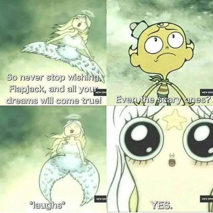 A four-panel comic strip from 'The Powerpuff Girls' featuring a mermaid angel character encouraging Flapjack to keep…