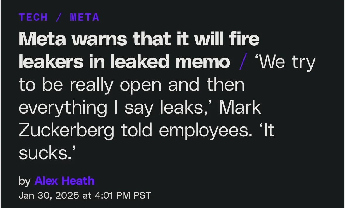 A screenshot of a news article with a dark background and white text, featuring a headline about Meta warning it will fire…