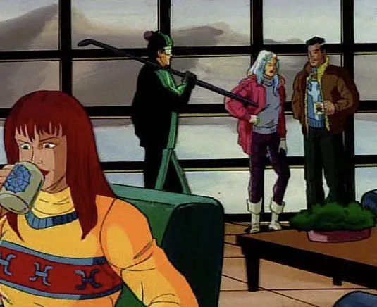 An anime scene shows a woman in a yellow sweater drinking from a mug while three people stand behind her near a window. One…
