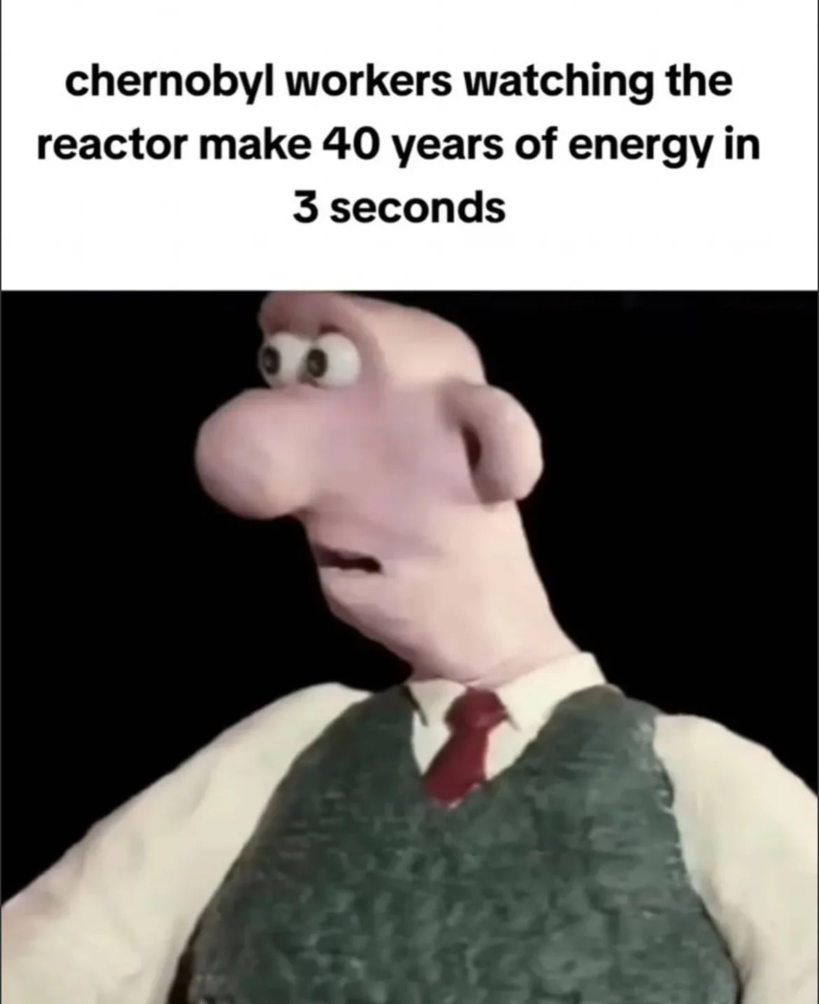 The image shows a close-up of the claymation character Wallace from 'Wallace and Gromit', with a shocked expression, wide…