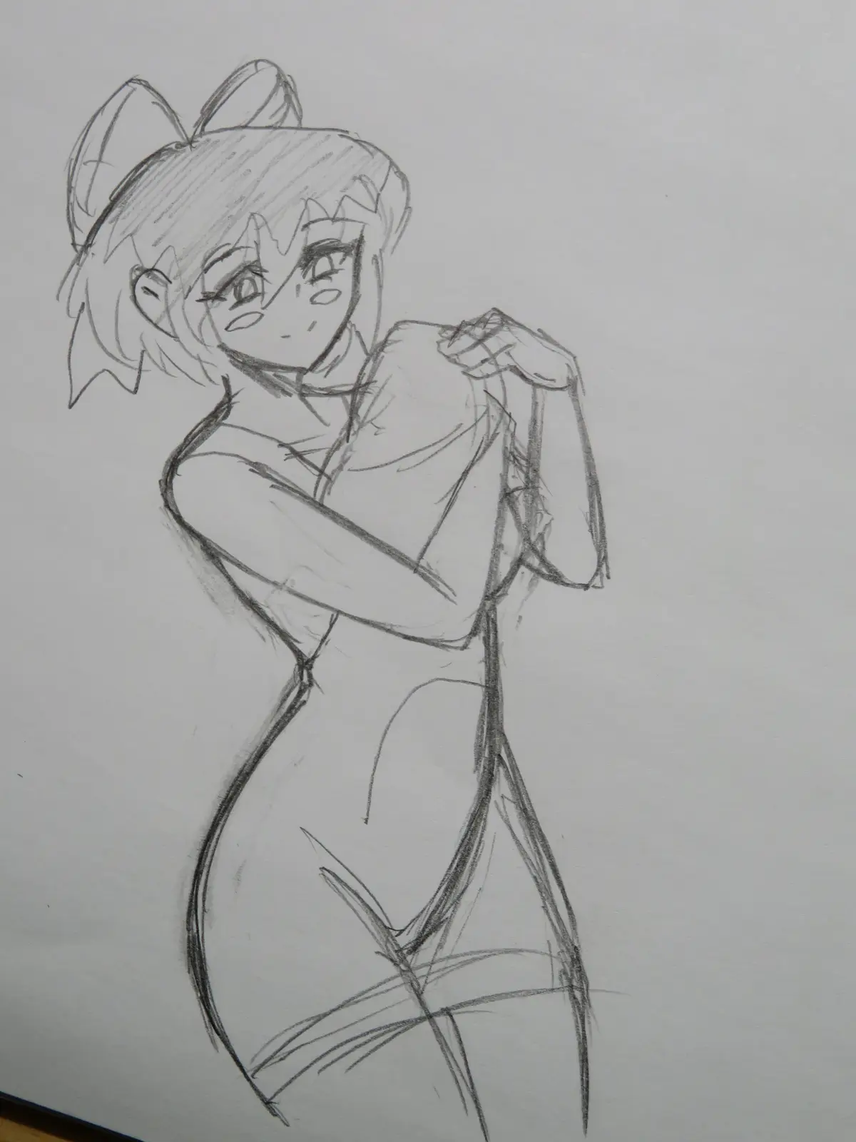 A rough pencil sketch of an anime-style girl with cat ears, wearing a dress and posing with one hand on her shoulder. The…