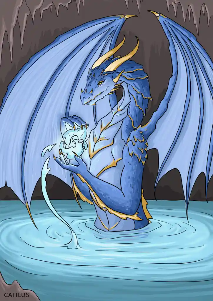 A majestic blue dragon with gold accents stands in a cave pool, gently cradling a small, translucent ice dragon hatchling in…